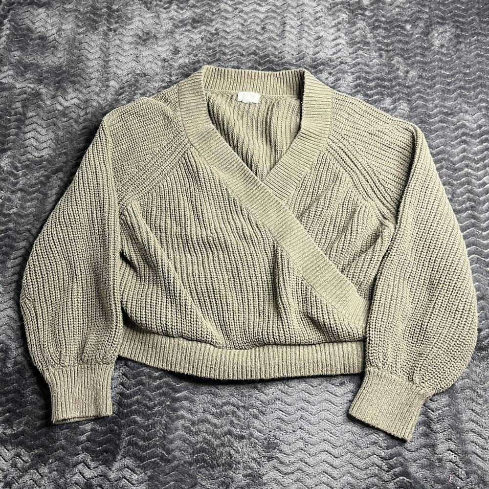 UpWest Weekend Wrap Sweater Womens Size Medium gray/green Ribbed V Neck Cotton